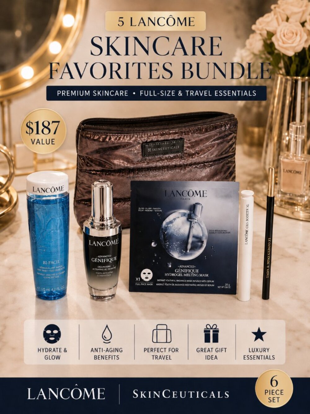 Lancôme 5-Pc Skincare Makeup Set + SkinCeuticals Cosmetic Bag